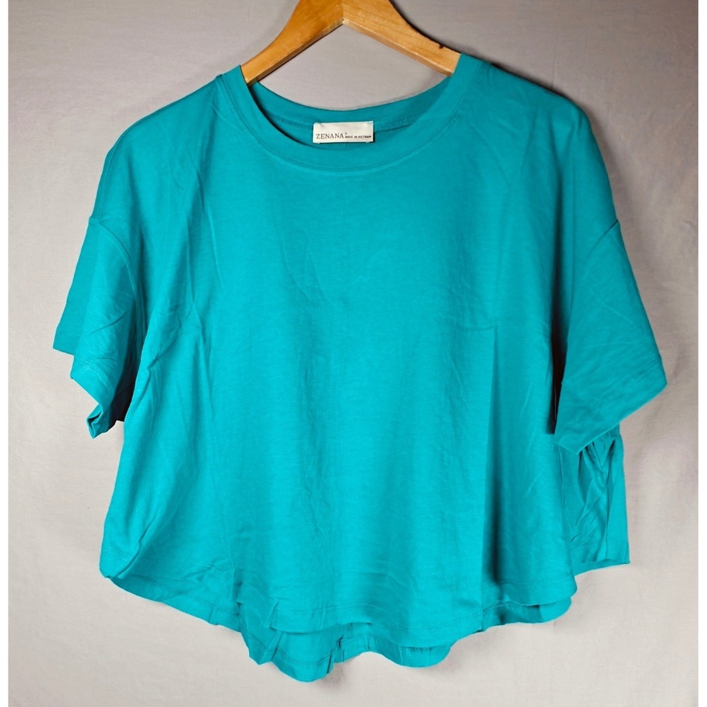 Zenana Cotton Round Neck Short Sleeve T-Shirt Light Teal Blue Relaxed Fit Small